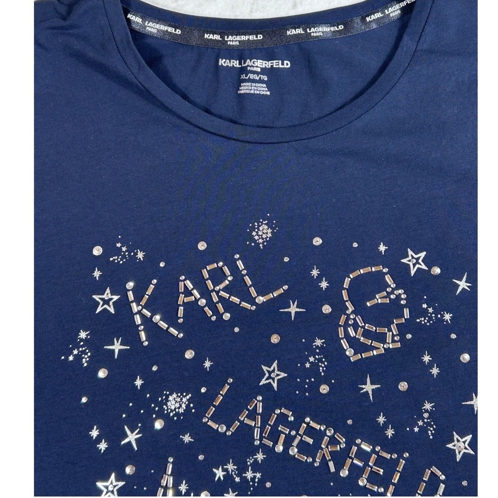 Karl Lagerfeld Paris Navy Blue Rhinestone Eiffel Tower Graphic Tee Shirt XL